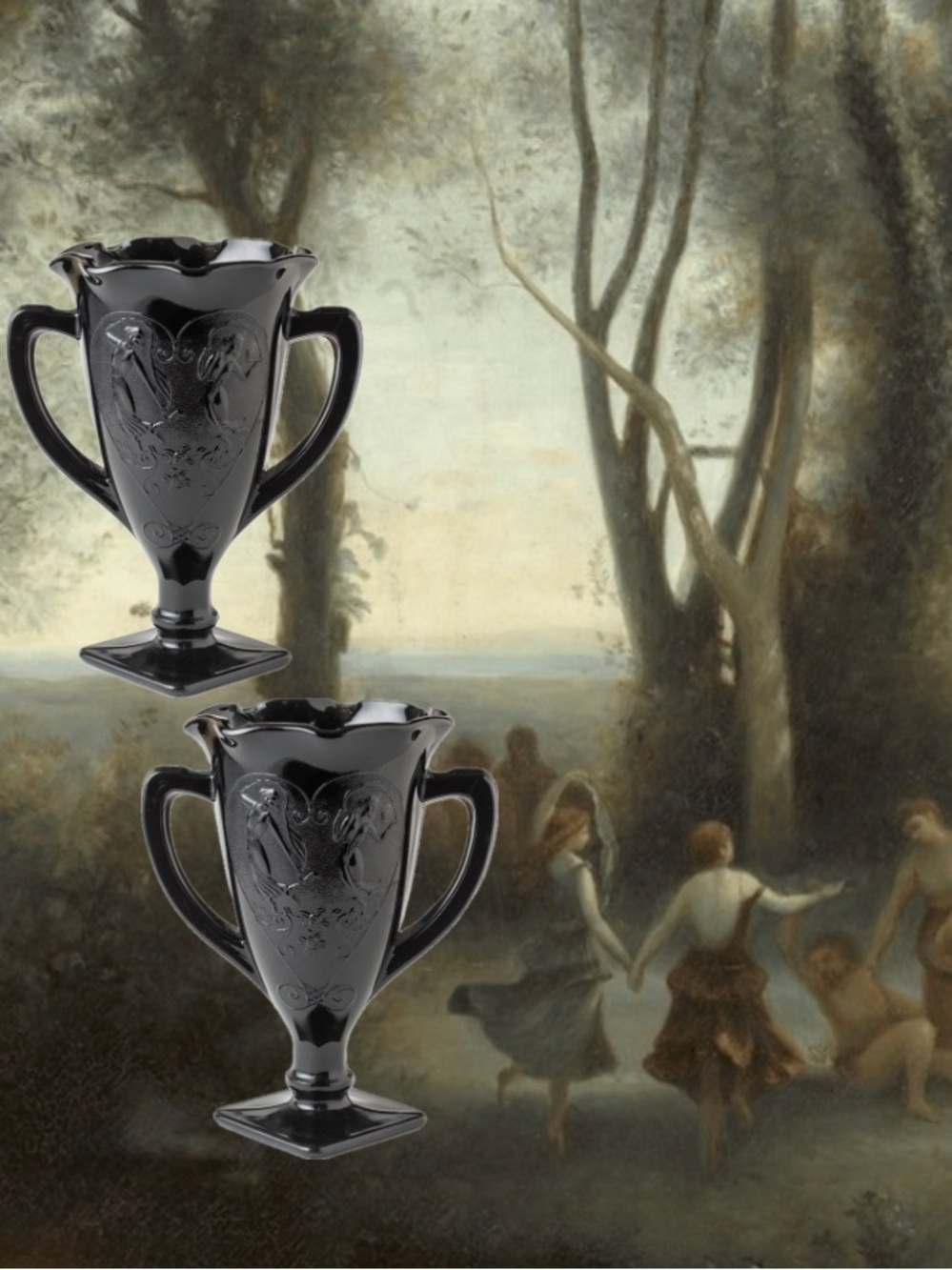 L.E. Smith Art Deco Black Milk Glass “Snake Dance"Trophy “Dancing Nymph” Vases.